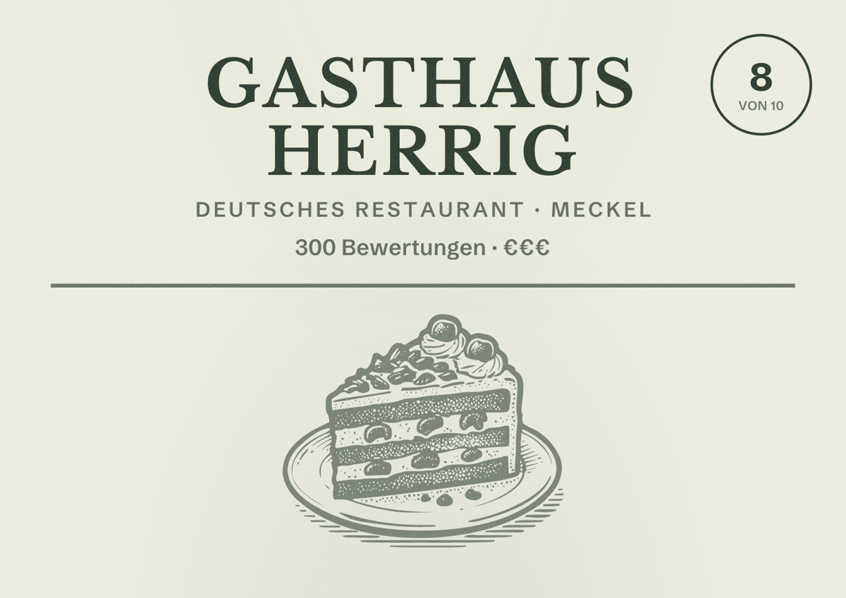 Illustriertes Poster von Gasthaus Herrig, Deutsches Restaurant in Meckel: Bewertung 8 von 10 aus 300 Bewertungen, Preisniveau €€€