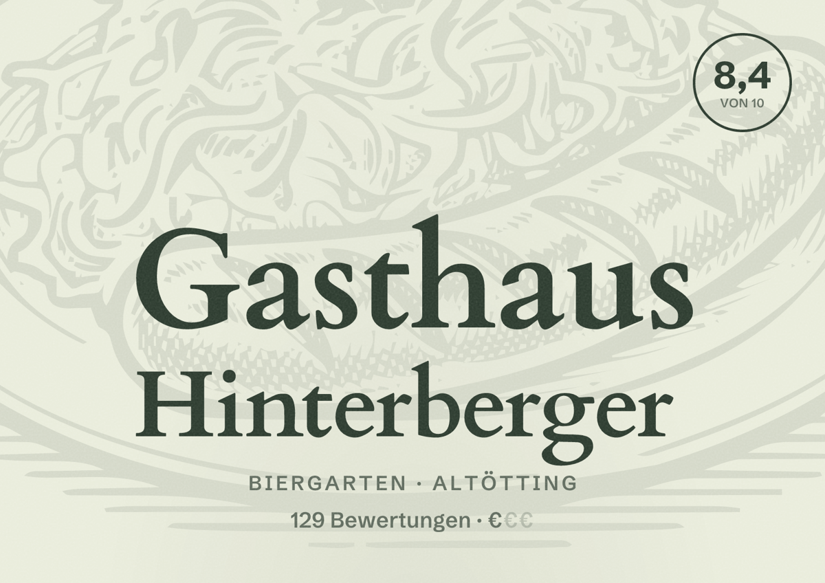 Illustriertes Poster von Gasthaus Hinterberger, Biergarten in Altötting: Bewertung 8,4 von 10 aus 129 Bewertungen, Preisniveau €