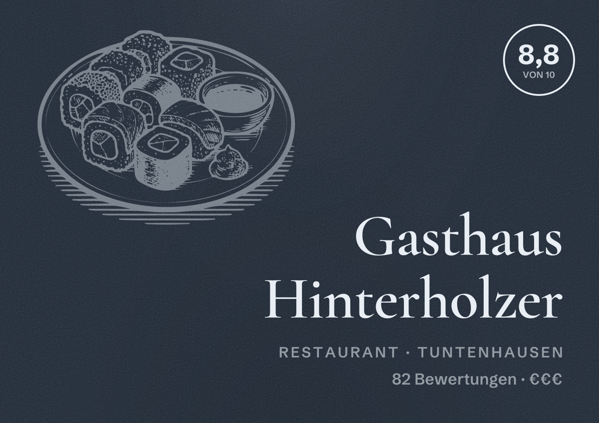 Illustriertes Poster von Gasthaus Hinterholzer, Restaurant in Tuntenhausen: Bewertung 8,8 von 10 aus 82 Bewertungen, Preisniveau €€€