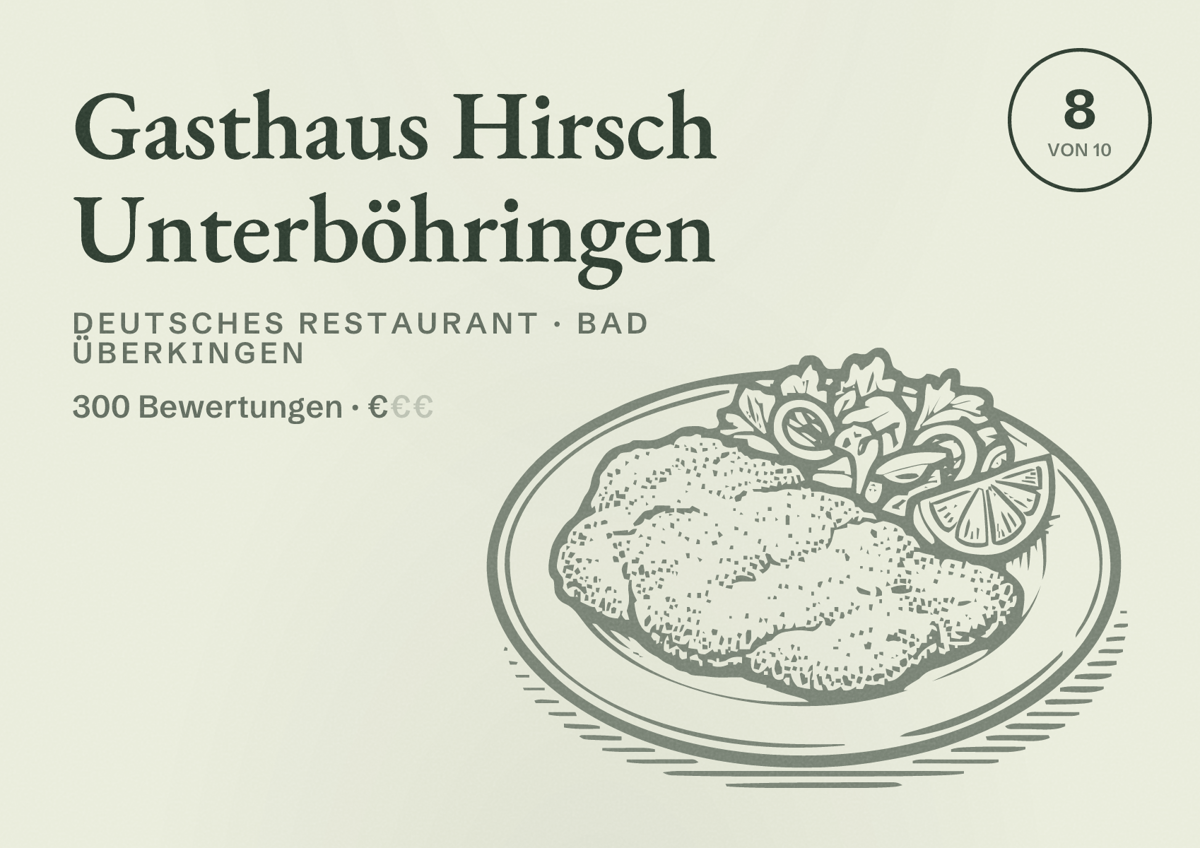 Illustriertes Poster von Gasthaus Hirsch Unterböhringen, Deutsches Restaurant in Bad Überkingen: Bewertung 8 von 10 aus 300 Bewertungen, Preisniveau €