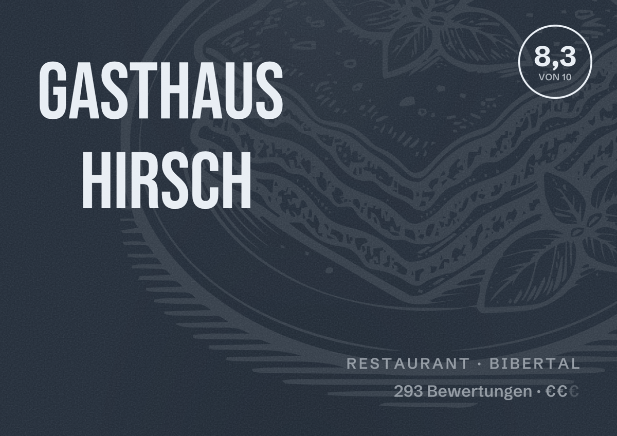 Illustriertes Poster von Gasthaus Hirsch, Restaurant in Bibertal: Bewertung 8,3 von 10 aus 293 Bewertungen, Preisniveau €€