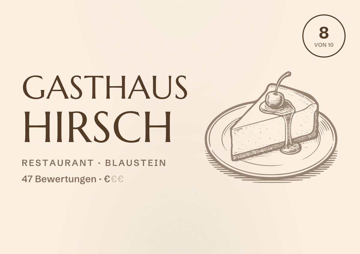 Illustriertes Poster von Gasthaus Hirsch, Restaurant in Blaustein: Bewertung 8 von 10 aus 47 Bewertungen, Preisniveau €