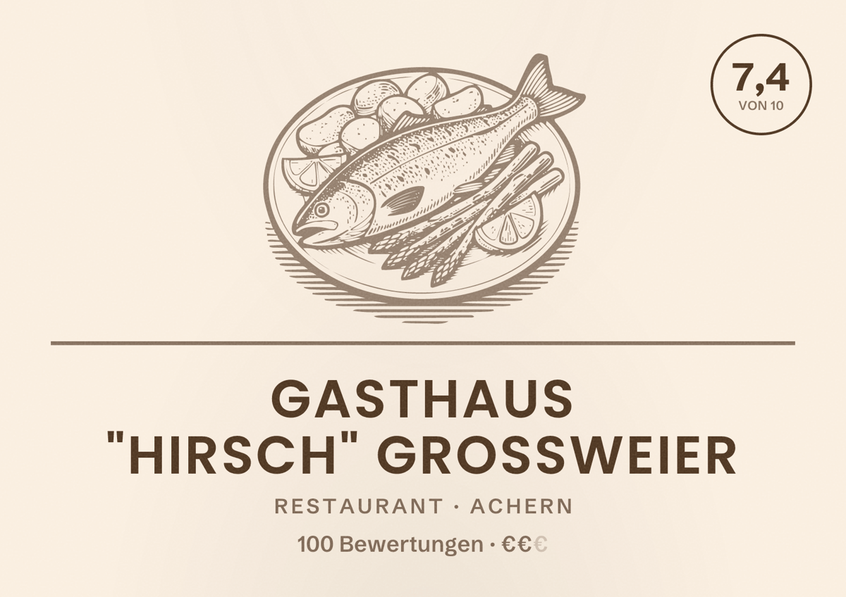 Illustriertes Poster von Gasthaus "Hirsch" Grossweier, Restaurant in Achern: Bewertung 7,4 von 10 aus 100 Bewertungen, Preisniveau €€
