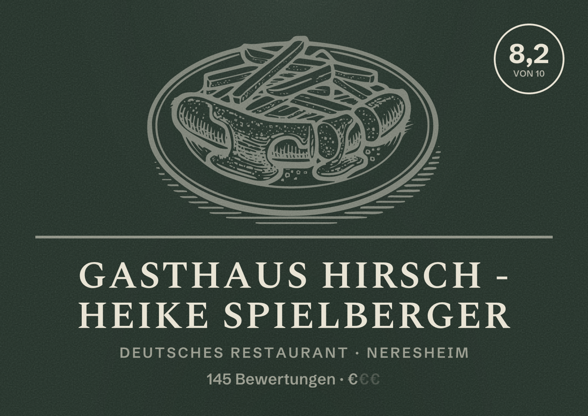Illustriertes Poster von Gasthaus Hirsch - Heike Spielberger, Deutsches Restaurant in Neresheim: Bewertung 8,2 von 10 aus 145 Bewertungen, Preisniveau €