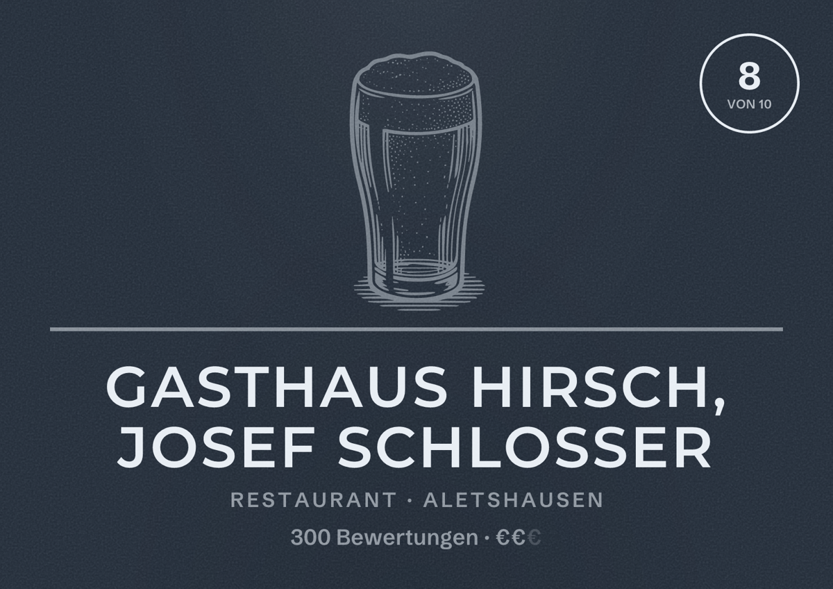 Illustriertes Poster von Gasthaus Hirsch, Josef Schlosser, Restaurant in Aletshausen: Bewertung 8 von 10 aus 300 Bewertungen, Preisniveau €€