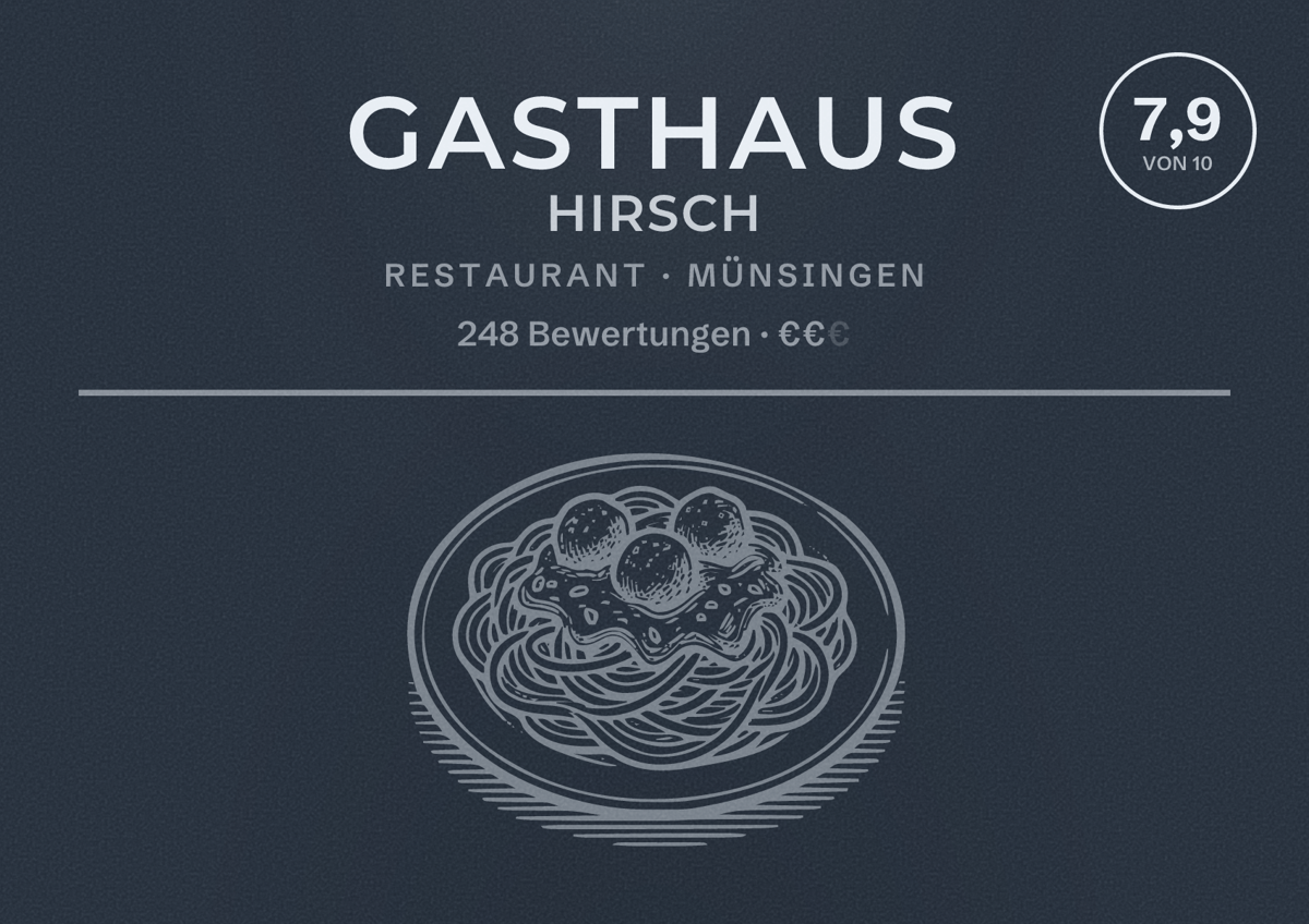 Illustriertes Poster von Gasthaus Hirsch, Restaurant in Münsingen: Bewertung 7,9 von 10 aus 248 Bewertungen, Preisniveau €€