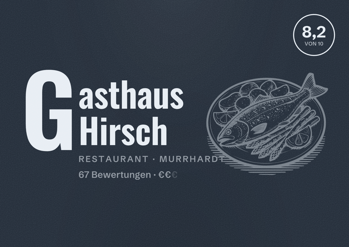Illustriertes Poster von Gasthaus Hirsch, Restaurant in Murrhardt: Bewertung 8,2 von 10 aus 67 Bewertungen, Preisniveau €€