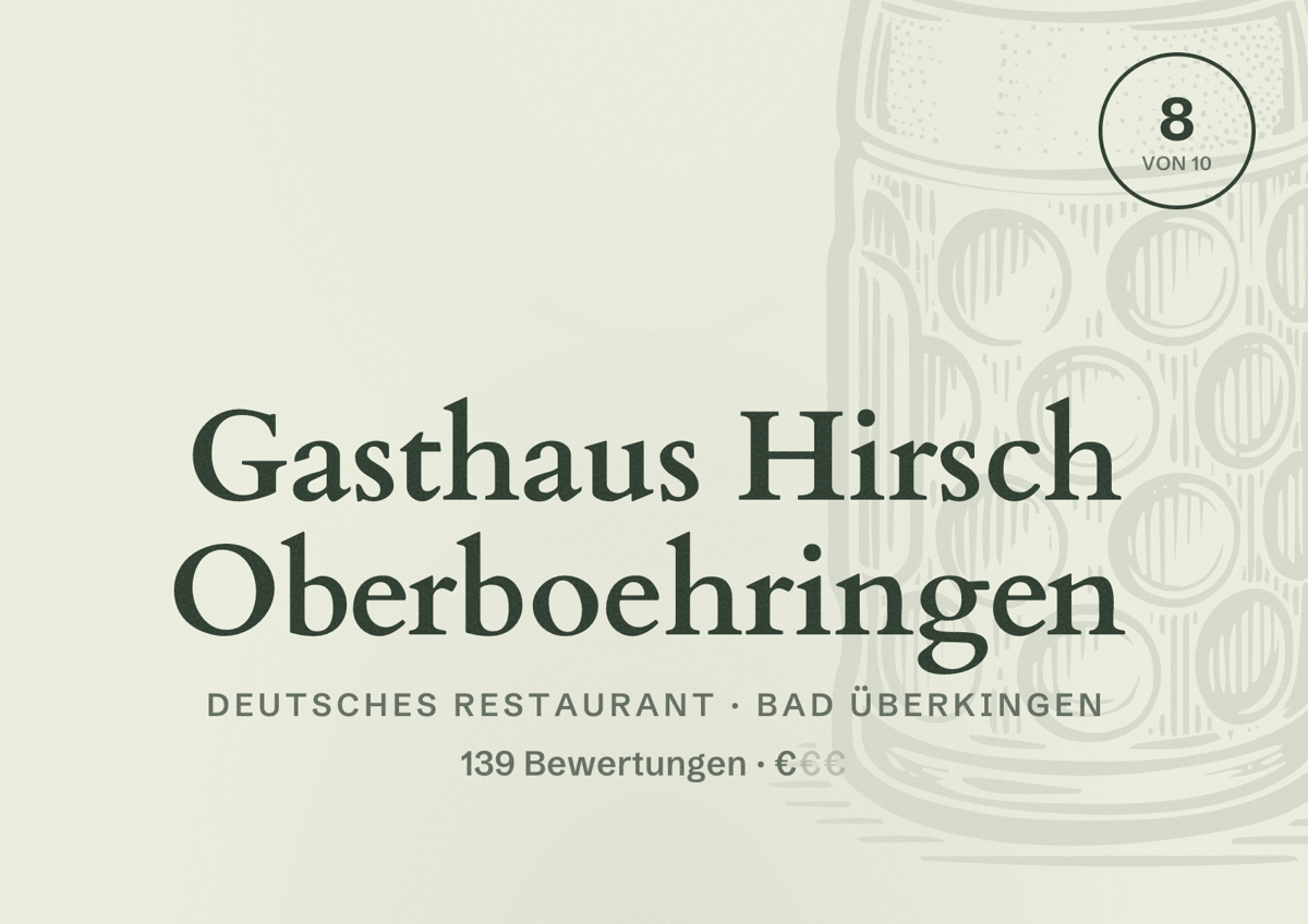 Illustriertes Poster von Gasthaus Hirsch Oberboehringen, Deutsches Restaurant in Bad Überkingen: Bewertung 8 von 10 aus 139 Bewertungen, Preisniveau €