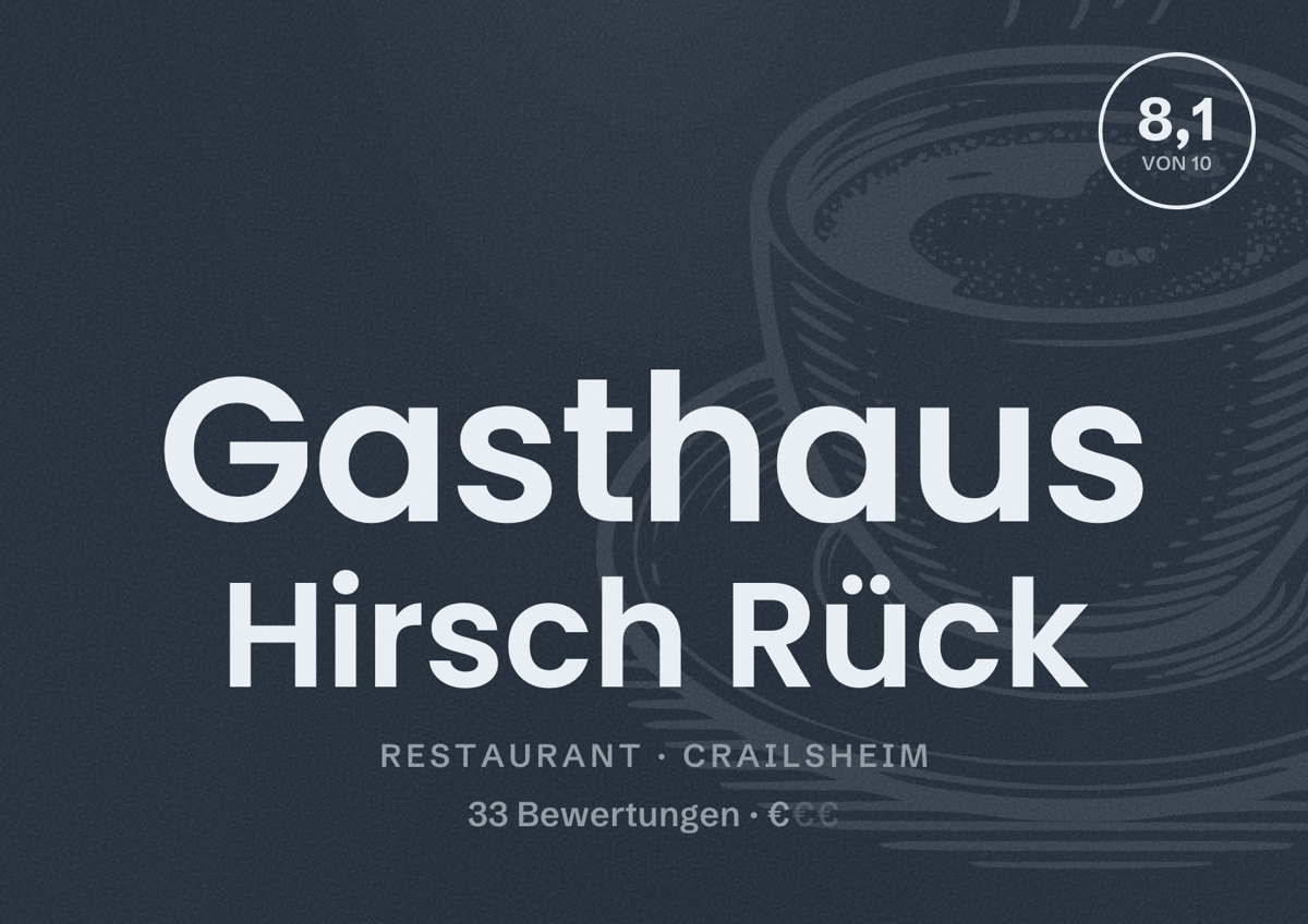 Illustriertes Poster von Gasthaus Hirsch Rück, Restaurant in Crailsheim: Bewertung 8,1 von 10 aus 33 Bewertungen, Preisniveau €