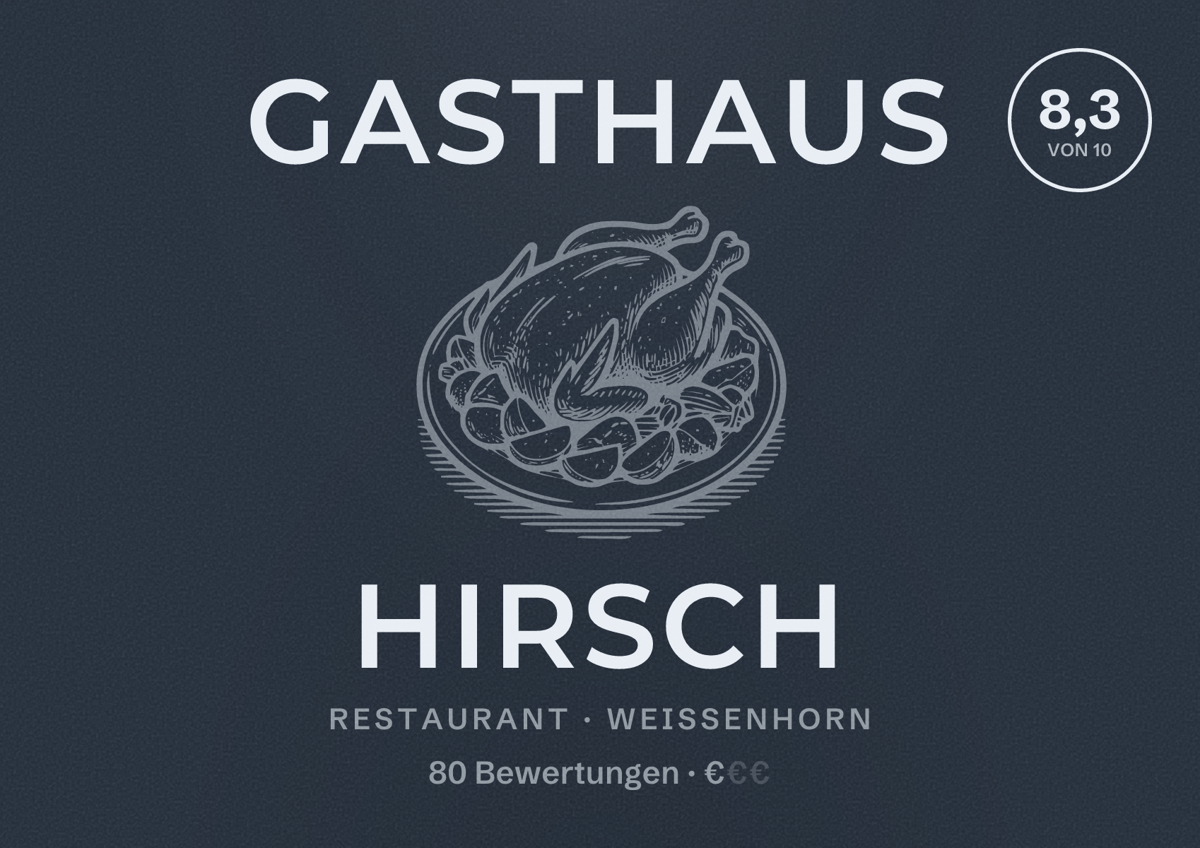 Illustriertes Poster von Gasthaus Hirsch, Restaurant in Weißenhorn: Bewertung 8,3 von 10 aus 80 Bewertungen, Preisniveau €