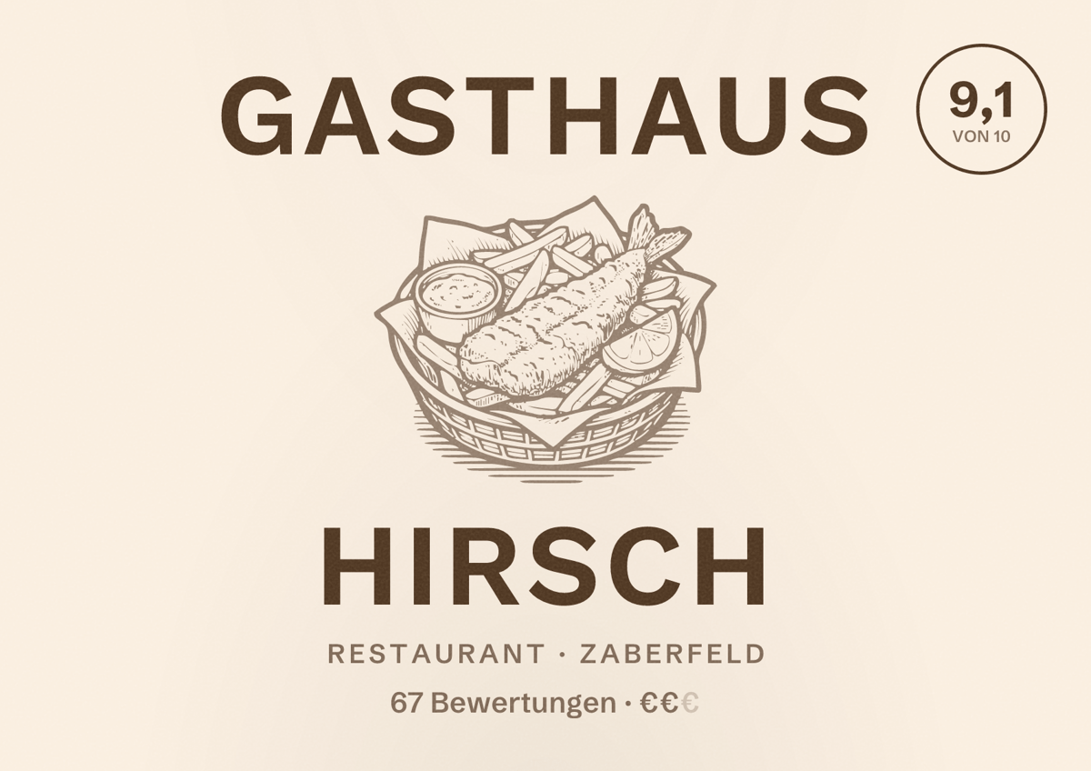 Illustriertes Poster von Gasthaus Hirsch, Restaurant in Zaberfeld: Bewertung 9,1 von 10 aus 67 Bewertungen, Preisniveau €€