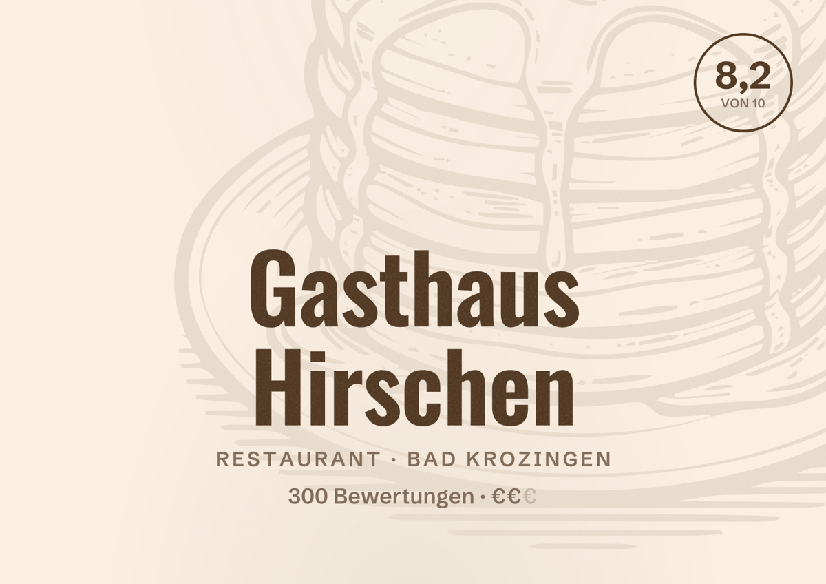 Illustriertes Poster von Gasthaus Hirschen, Restaurant in Bad Krozingen: Bewertung 8,2 von 10 aus 300 Bewertungen, Preisniveau €€
