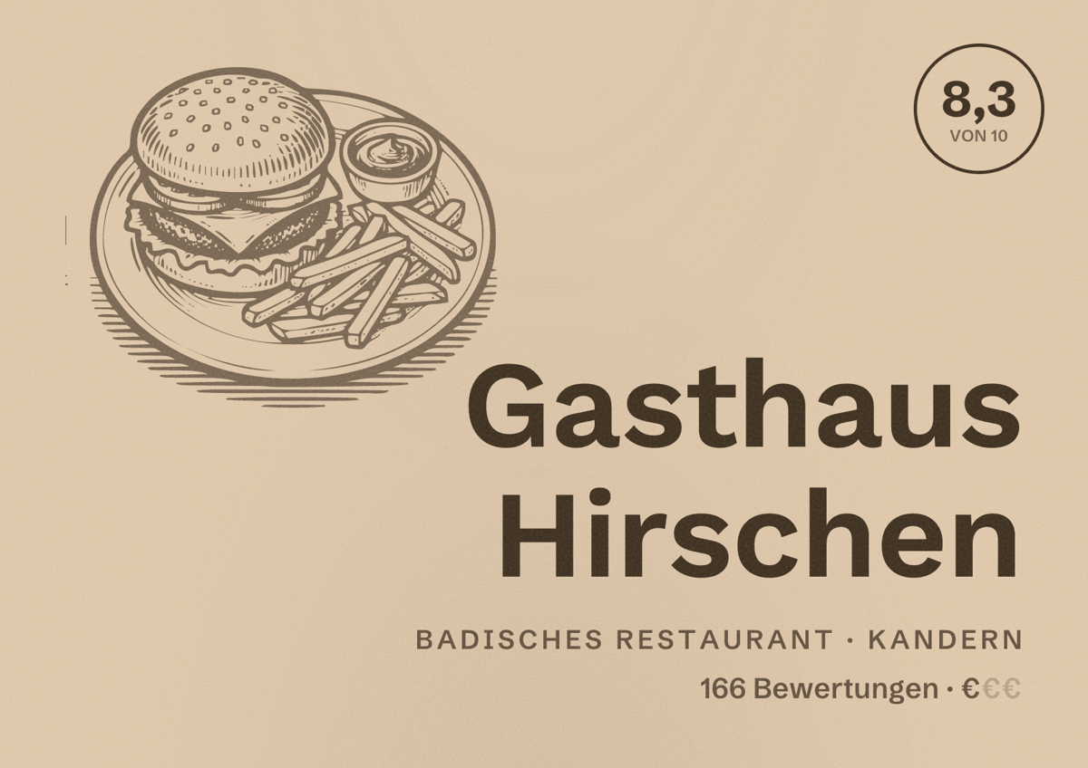 Illustriertes Poster von Gasthaus Hirschen, Badisches Restaurant in Kandern: Bewertung 8,3 von 10 aus 166 Bewertungen, Preisniveau €