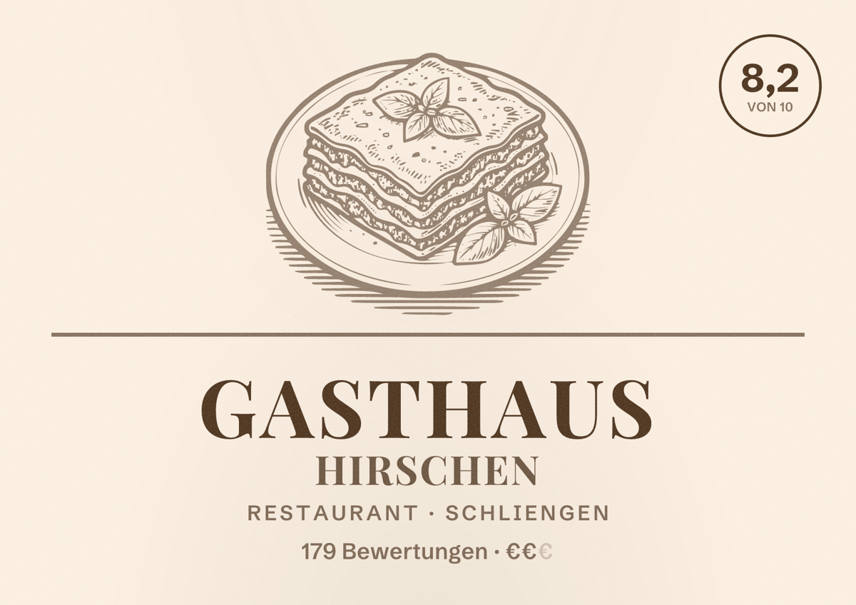Illustriertes Poster von Gasthaus Hirschen, Restaurant in Schliengen: Bewertung 8,2 von 10 aus 179 Bewertungen, Preisniveau €€