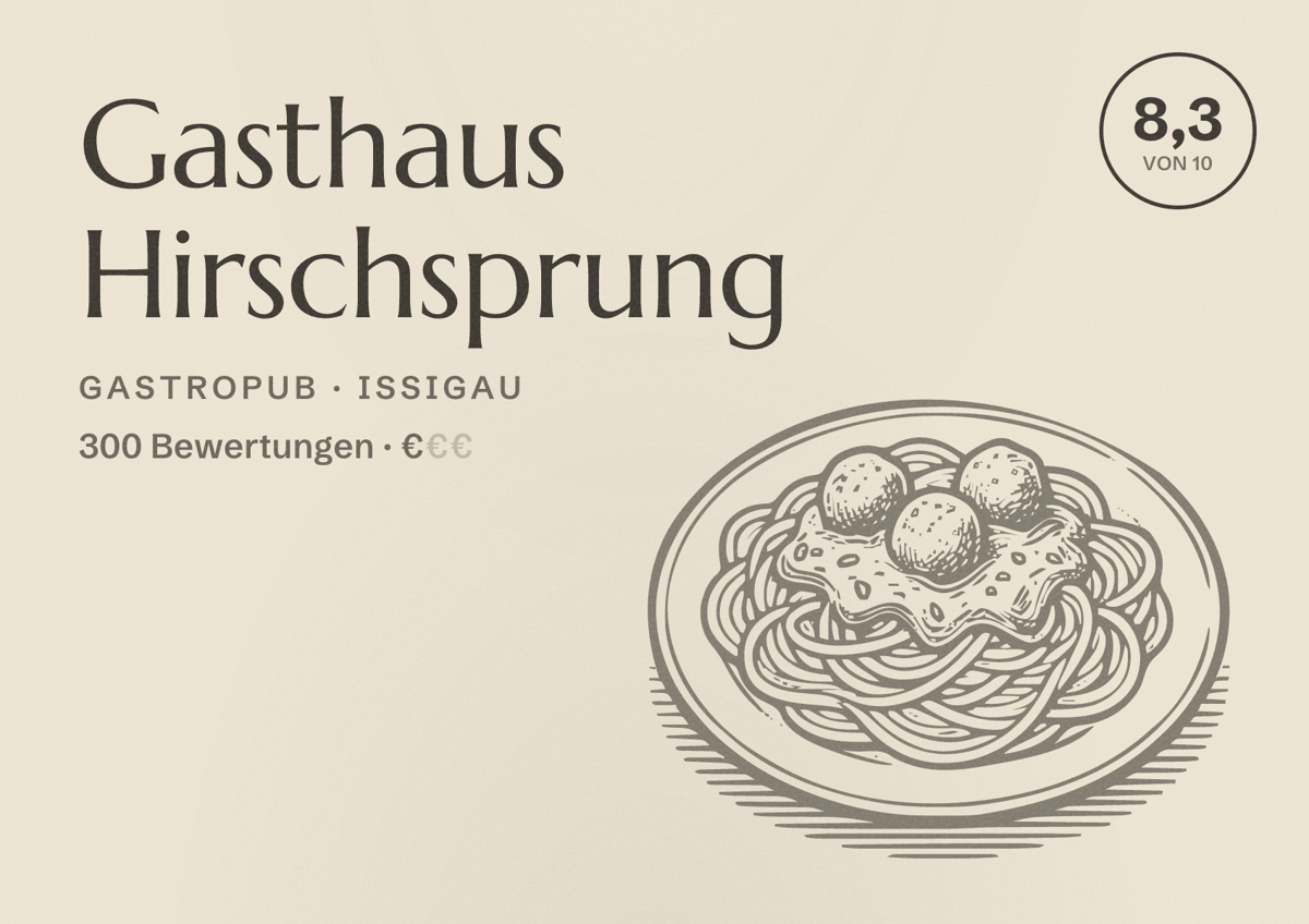 Illustriertes Poster von Gasthaus Hirschsprung, Gastropub in Issigau: Bewertung 8,3 von 10 aus 300 Bewertungen, Preisniveau €