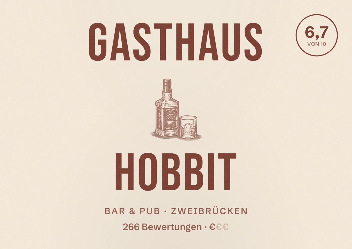 Illustriertes Poster von Gasthaus Hobbit, Bar & Pub in Zweibrücken: Bewertung 6,7 von 10 aus 266 Bewertungen, Preisniveau €