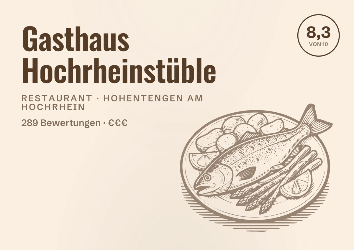 Illustriertes Poster von Gasthaus Hochrheinstüble, Restaurant in Hohentengen am Hochrhein: Bewertung 8,3 von 10 aus 289 Bewertungen, Preisniveau €€€
