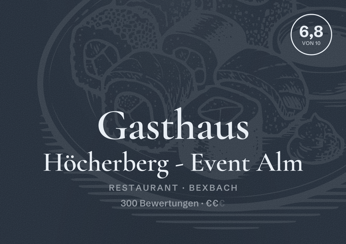 Illustriertes Poster von Gasthaus Höcherberg - Event Alm, Restaurant in Bexbach: Bewertung 6,8 von 10 aus 300 Bewertungen, Preisniveau €€