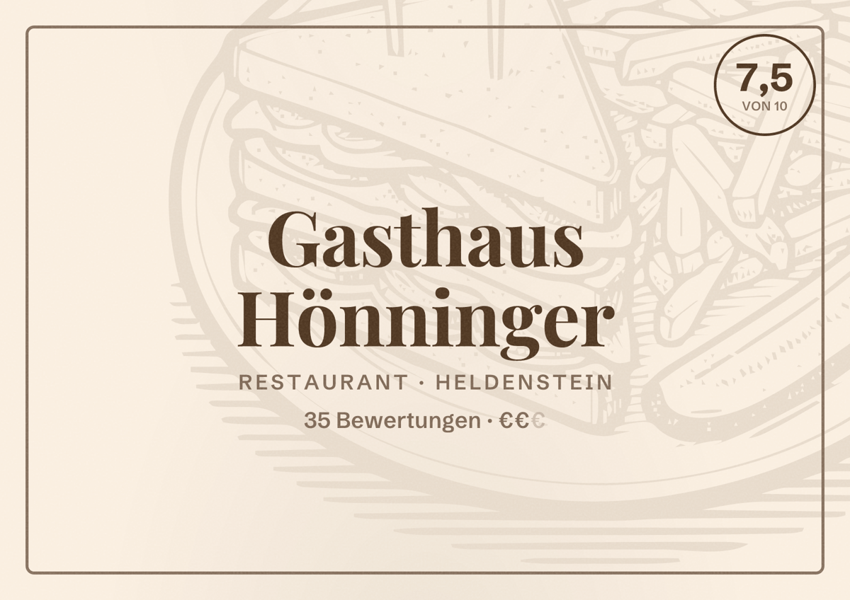 Illustriertes Poster von Gasthaus Hönninger, Restaurant in Heldenstein: Bewertung 7,5 von 10 aus 35 Bewertungen, Preisniveau €€