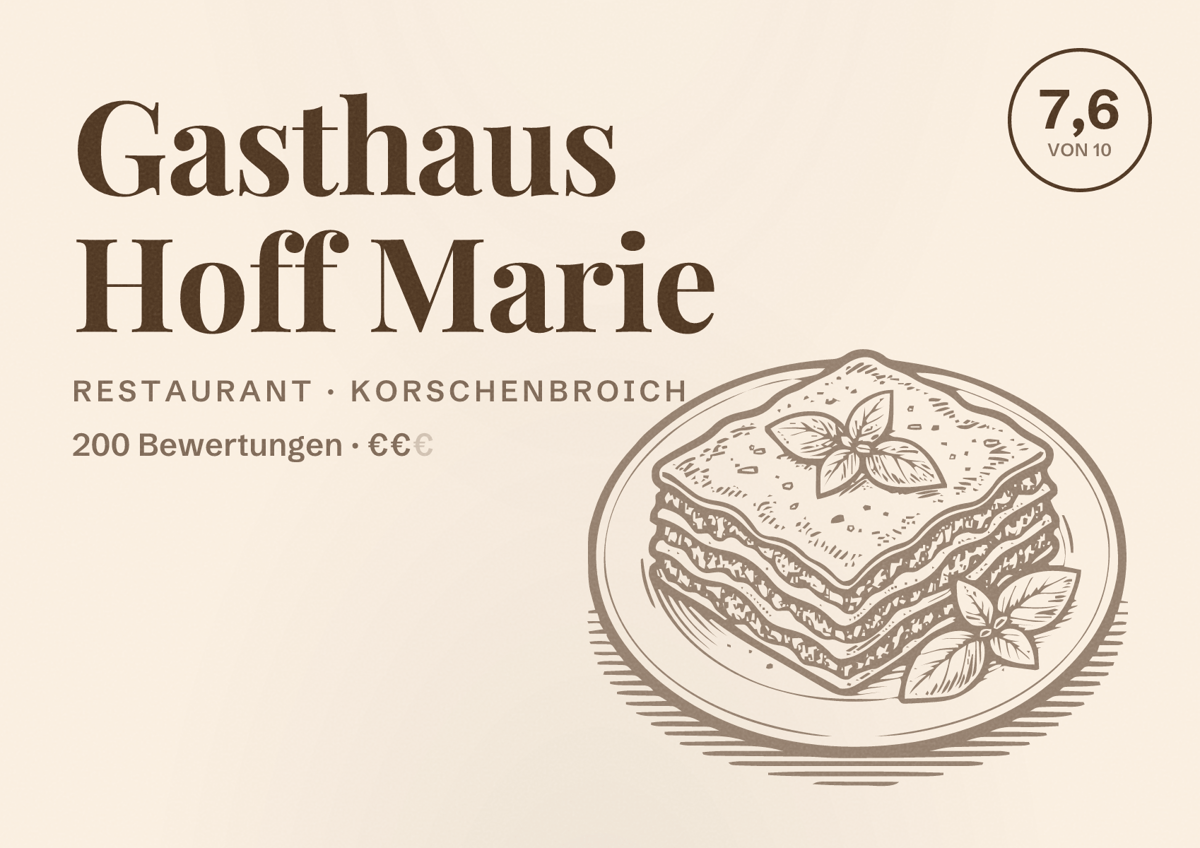Illustriertes Poster von Gasthaus Hoff Marie, Restaurant in Korschenbroich: Bewertung 7,6 von 10 aus 200 Bewertungen, Preisniveau €€