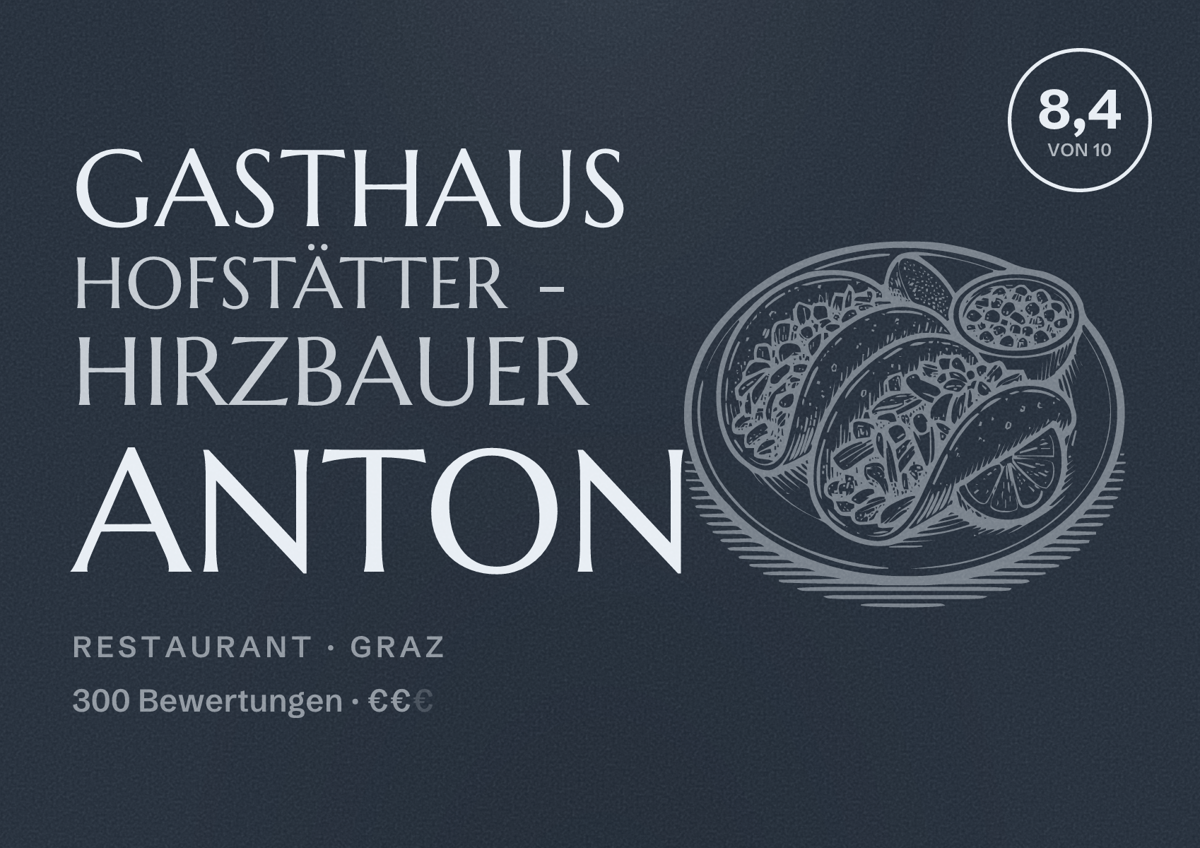 Illustriertes Poster von Gasthaus Hofstätter - Hirzbauer Anton, Restaurant in Graz: Bewertung 8,4 von 10 aus 300 Bewertungen, Preisniveau €€
