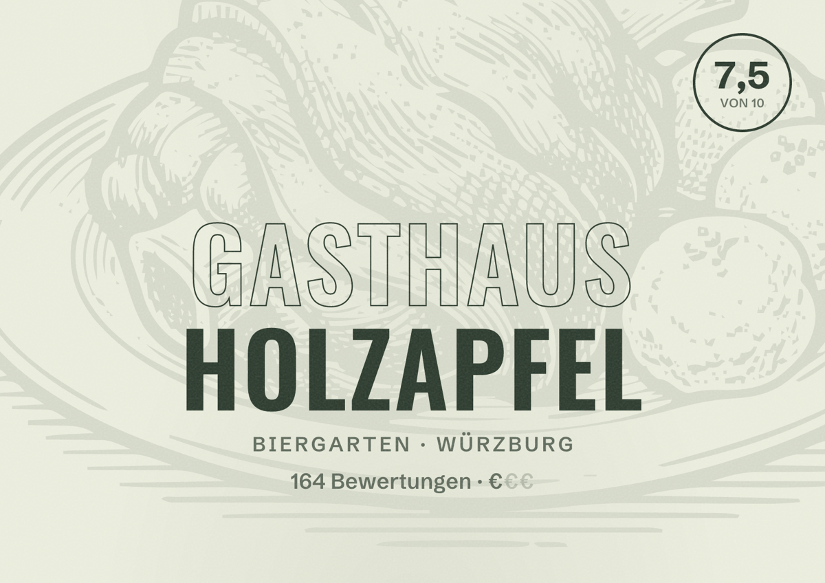 Illustriertes Poster von Gasthaus Holzapfel, Biergarten in Würzburg: Bewertung 7,5 von 10 aus 164 Bewertungen, Preisniveau €