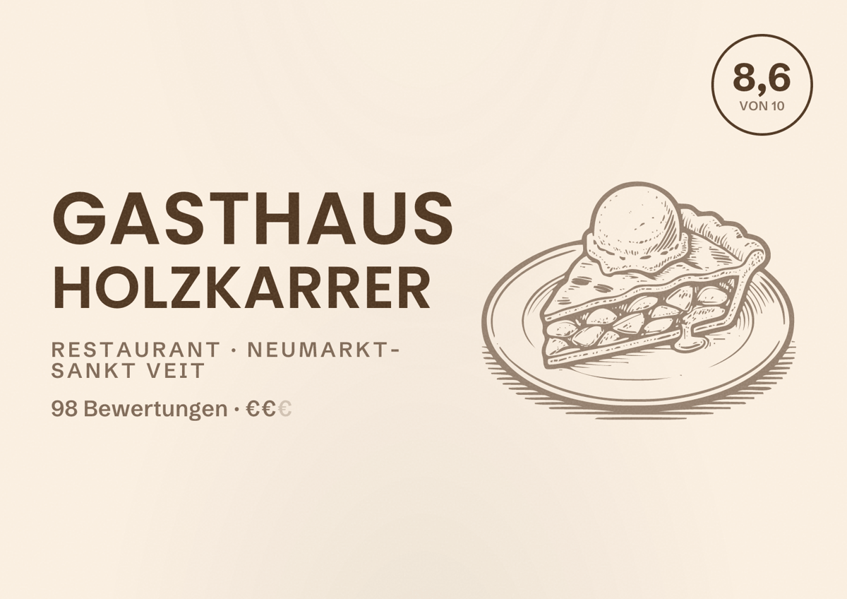 Illustriertes Poster von Gasthaus Holzkarrer, Restaurant in Neumarkt-Sankt Veit: Bewertung 8,6 von 10 aus 98 Bewertungen, Preisniveau €€