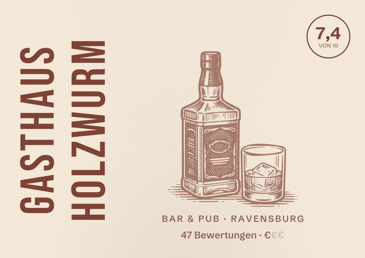 Illustriertes Poster von Gasthaus Holzwurm, Bar & Pub in Ravensburg: Bewertung 7,4 von 10 aus 47 Bewertungen, Preisniveau €