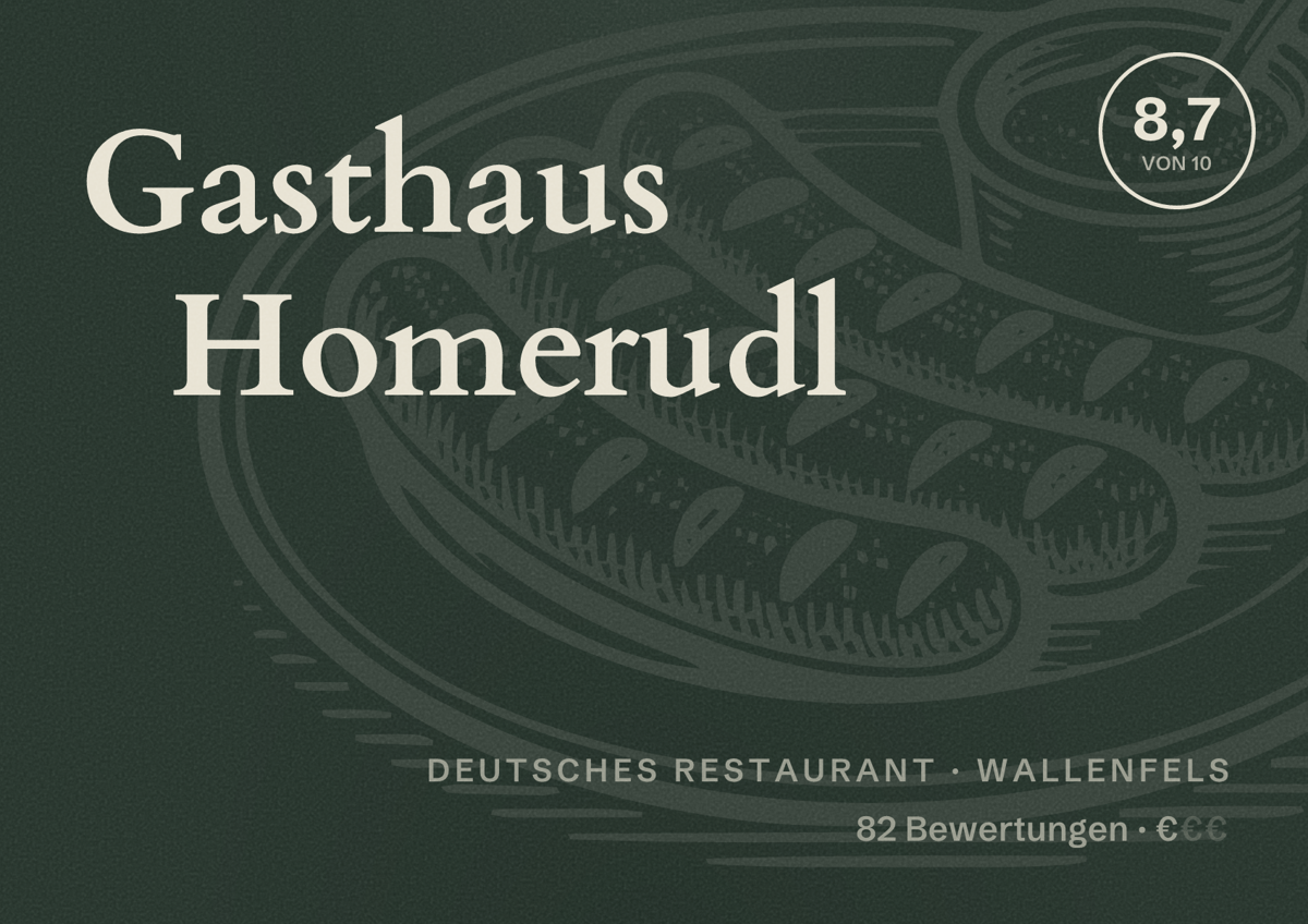 Illustriertes Poster von Gasthaus Homerudl, Deutsches Restaurant in Wallenfels: Bewertung 8,7 von 10 aus 82 Bewertungen, Preisniveau €