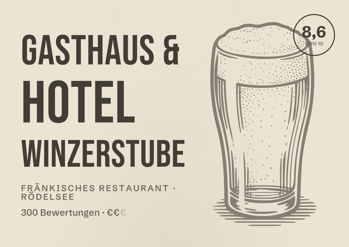 Illustriertes Poster von Gasthaus & Hotel Winzerstube, Fränkisches Restaurant in Rödelsee: Bewertung 8,6 von 10 aus 300 Bewertungen, Preisniveau €€