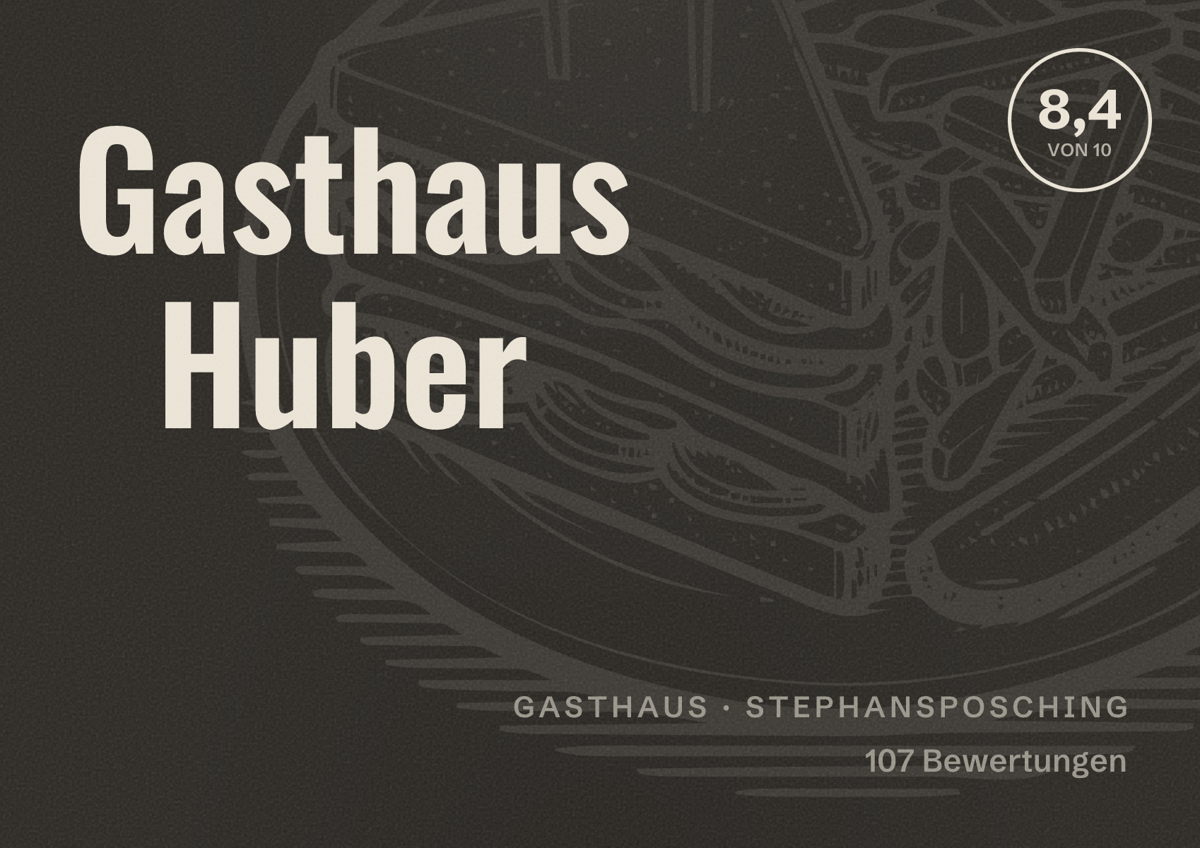 Illustriertes Poster von Gasthaus Huber, Gasthaus in Stephansposching: Bewertung 8,4 von 10 aus 107 Bewertungen