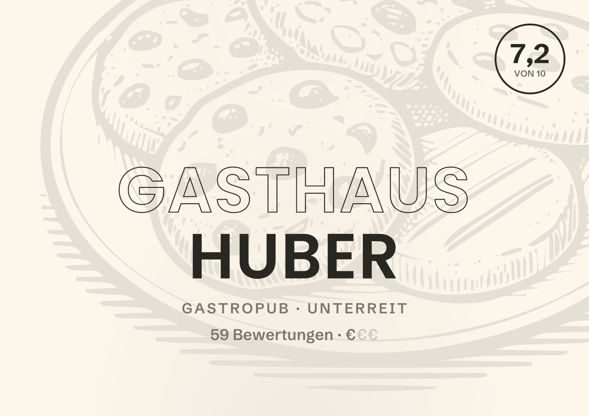 Illustriertes Poster von Gasthaus Huber, Gastropub in Unterreit: Bewertung 7,2 von 10 aus 59 Bewertungen, Preisniveau €