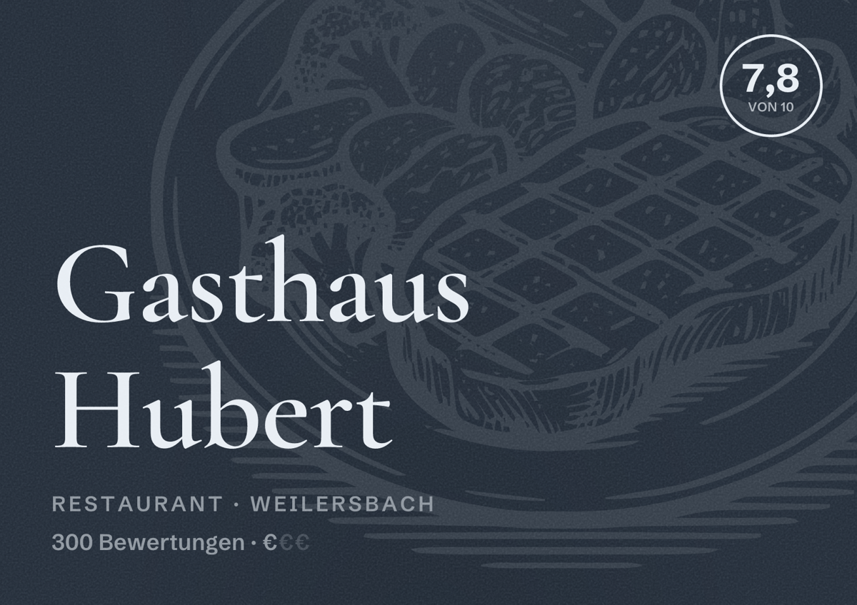 Illustriertes Poster von Gasthaus Hubert, Restaurant in Weilersbach: Bewertung 7,8 von 10 aus 300 Bewertungen, Preisniveau €