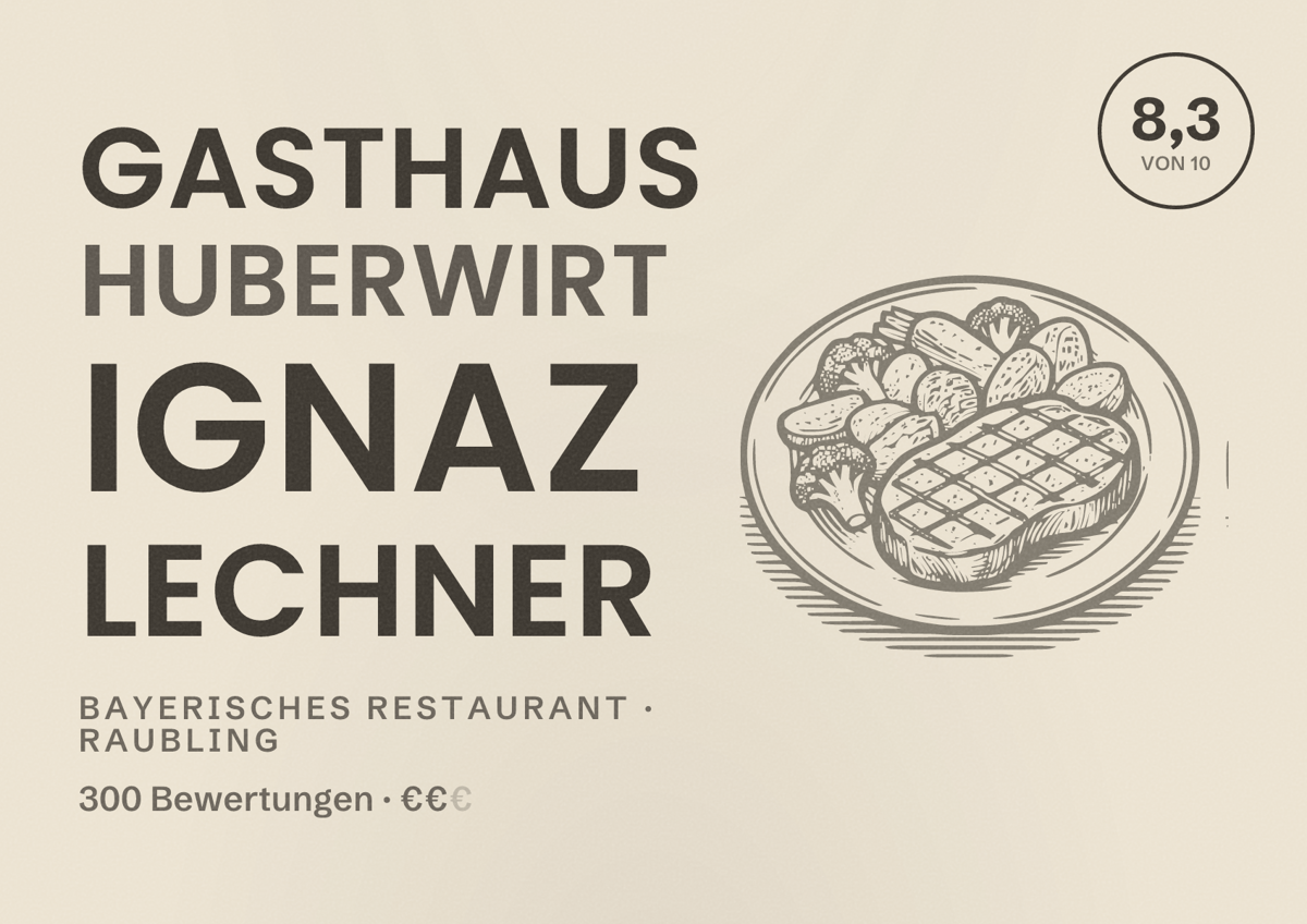 Illustriertes Poster von Gasthaus Huberwirt Ignaz Lechner, Bayerisches Restaurant in Raubling: Bewertung 8,3 von 10 aus 300 Bewertungen, Preisniveau €€
