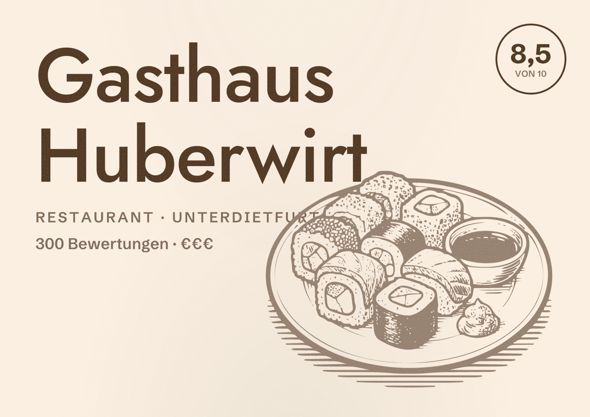 Illustriertes Poster von Gasthaus Huberwirt, Restaurant in Unterdietfurt: Bewertung 8,5 von 10 aus 300 Bewertungen, Preisniveau €€€