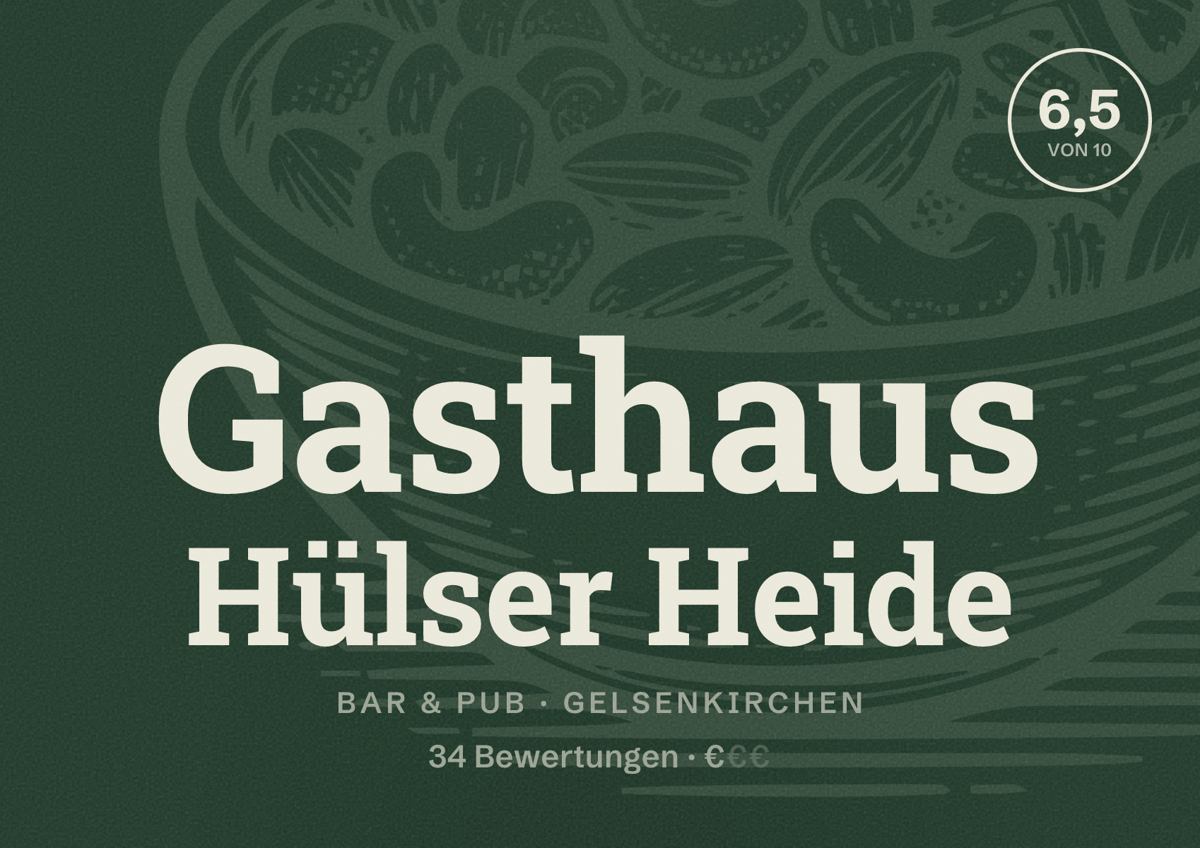 Illustriertes Poster von Gasthaus Hülser Heide, Bar & Pub in Gelsenkirchen: Bewertung 6,5 von 10 aus 34 Bewertungen, Preisniveau €