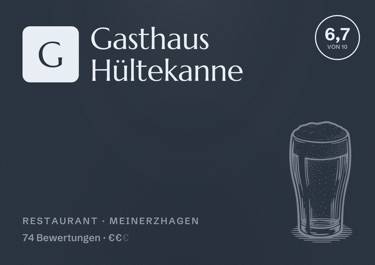 Illustriertes Poster von Gasthaus Hültekanne, Restaurant in Meinerzhagen: Bewertung 6,7 von 10 aus 74 Bewertungen, Preisniveau €€
