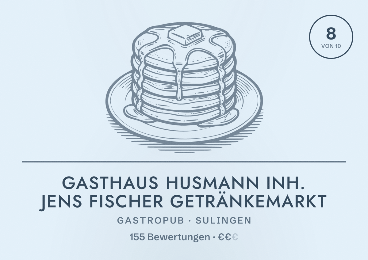 Illustriertes Poster von Gasthaus Husmann Inh. Jens Fischer Getränkemarkt, Gastropub in Sulingen: Bewertung 8 von 10 aus 155 Bewertungen, Preisniveau €€