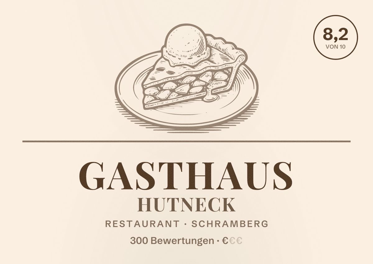 Illustriertes Poster von Gasthaus Hutneck, Restaurant in Schramberg: Bewertung 8,2 von 10 aus 300 Bewertungen, Preisniveau €