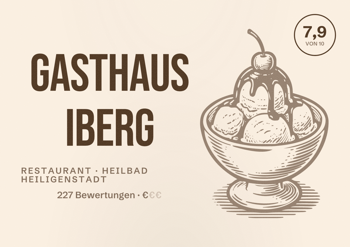 Illustriertes Poster von Gasthaus Iberg, Restaurant in Heilbad Heiligenstadt: Bewertung 7,9 von 10 aus 227 Bewertungen, Preisniveau €