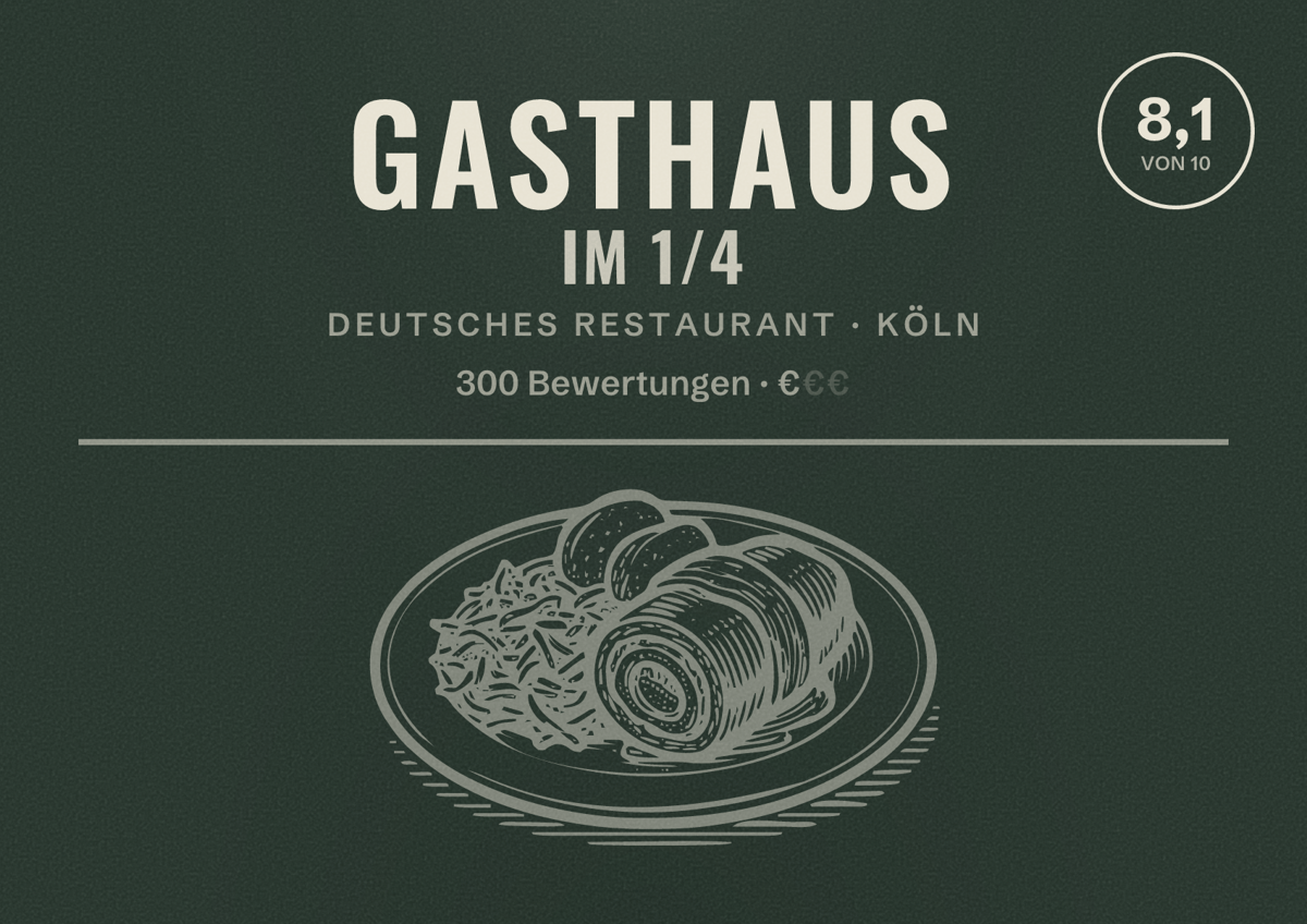Illustriertes Poster von Gasthaus im 1/4, Deutsches Restaurant in Köln: Bewertung 8,1 von 10 aus 300 Bewertungen, Preisniveau €