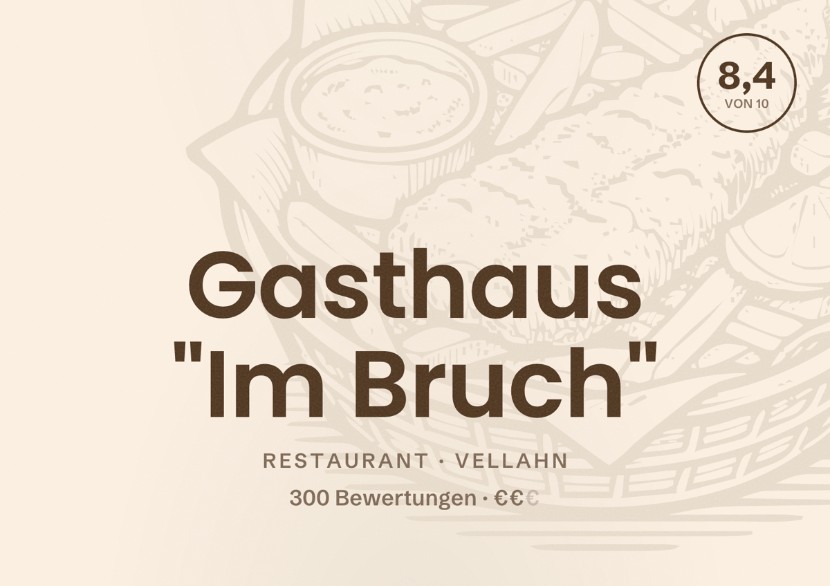 Illustriertes Poster von Gasthaus "Im Bruch", Restaurant in Vellahn: Bewertung 8,4 von 10 aus 300 Bewertungen, Preisniveau €€