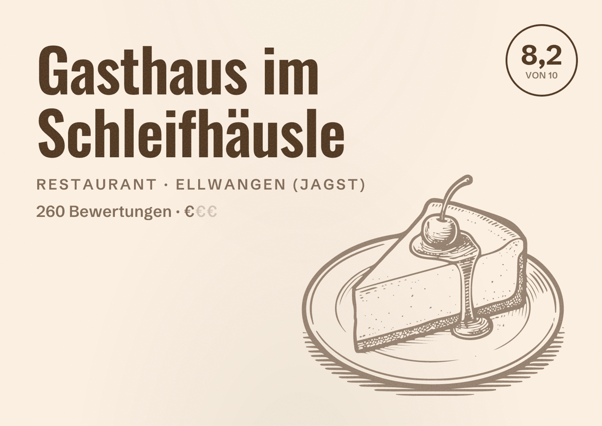 Illustriertes Poster von Gasthaus im Schleifhäusle, Restaurant in Ellwangen (Jagst): Bewertung 8,2 von 10 aus 260 Bewertungen, Preisniveau €