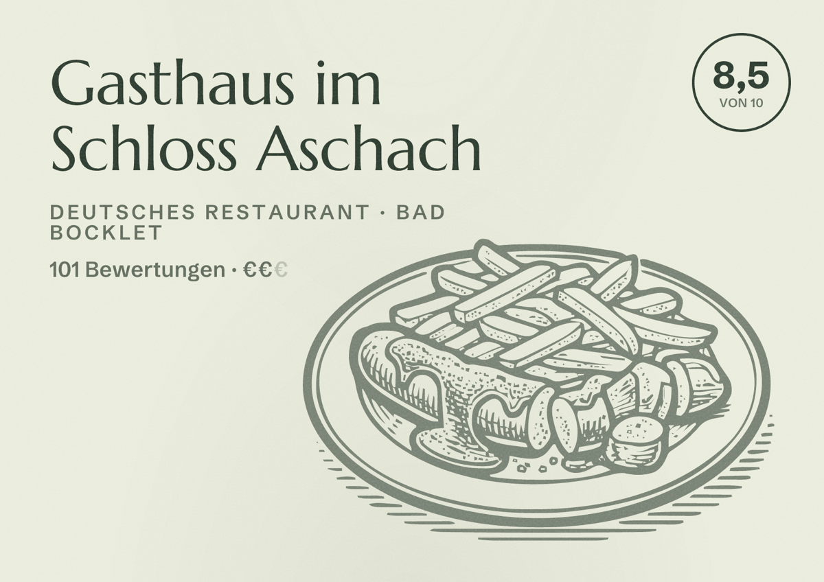 Illustriertes Poster von Gasthaus im Schloss Aschach, Deutsches Restaurant in Bad Bocklet: Bewertung 8,5 von 10 aus 101 Bewertungen, Preisniveau €€