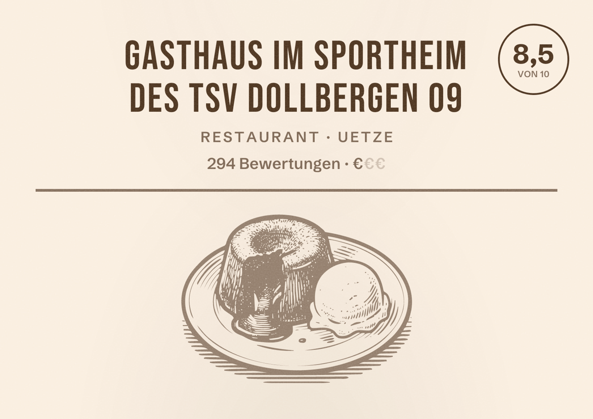 Illustriertes Poster von Gasthaus im Sportheim des TSV Dollbergen 09, Restaurant in Uetze: Bewertung 8,5 von 10 aus 294 Bewertungen, Preisniveau €