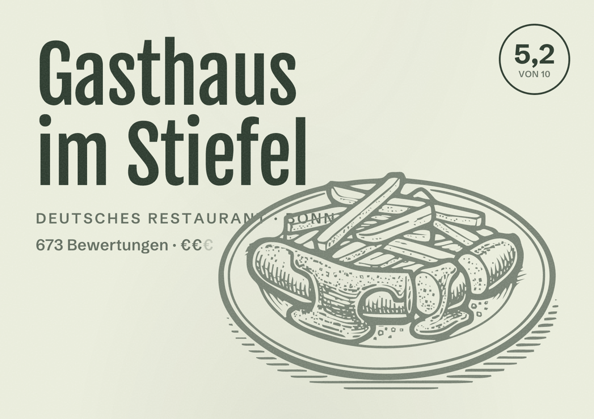Illustriertes Poster von Gasthaus im Stiefel, Deutsches Restaurant in Bonn: Bewertung 5,2 von 10 aus 673 Bewertungen, Preisniveau €€
