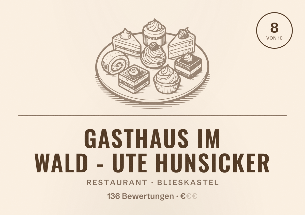 Illustriertes Poster von Gasthaus im Wald - Ute Hunsicker, Restaurant in Blieskastel: Bewertung 8 von 10 aus 136 Bewertungen, Preisniveau €