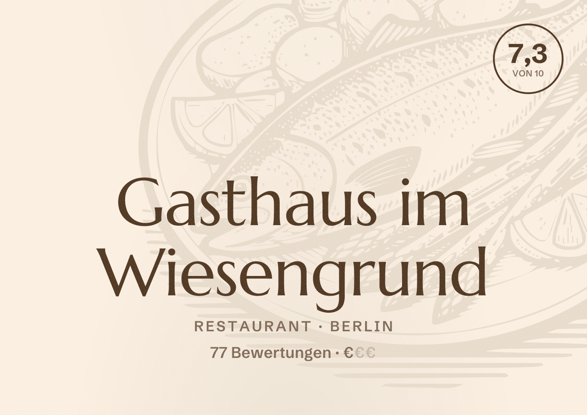 Illustriertes Poster von Gasthaus im Wiesengrund, Restaurant in Berlin: Bewertung 7,3 von 10 aus 77 Bewertungen, Preisniveau €