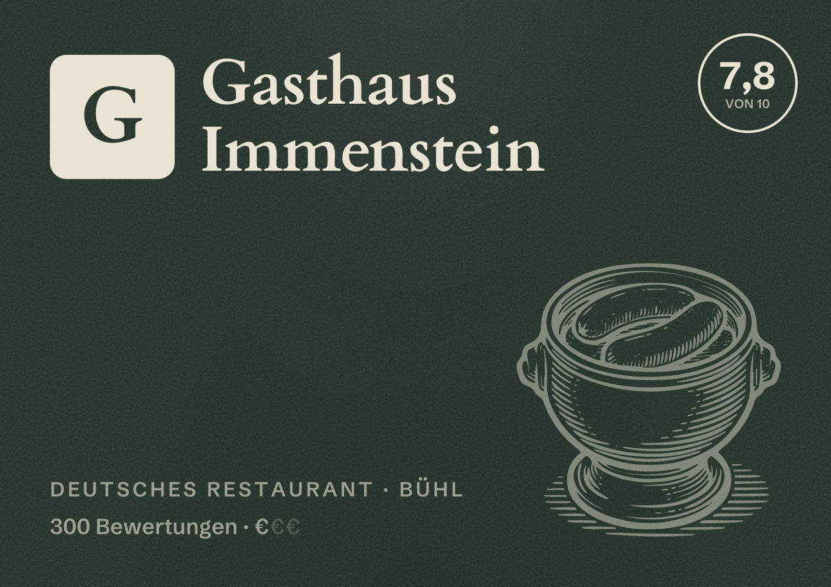 Illustriertes Poster von Gasthaus Immenstein, Deutsches Restaurant in Bühl: Bewertung 7,8 von 10 aus 300 Bewertungen, Preisniveau €