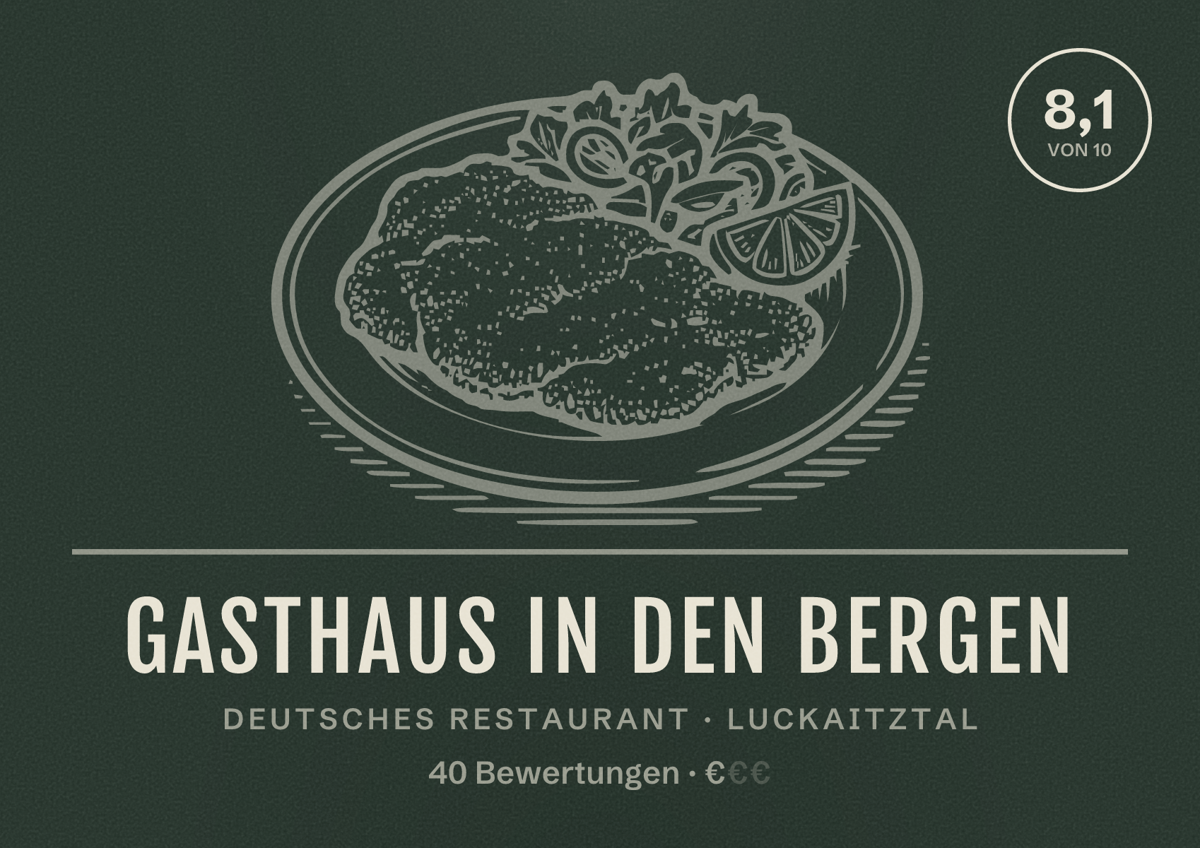 Illustriertes Poster von Gasthaus In den Bergen, Deutsches Restaurant in Luckaitztal: Bewertung 8,1 von 10 aus 40 Bewertungen, Preisniveau €